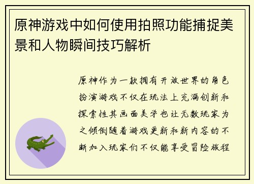 原神游戏中如何使用拍照功能捕捉美景和人物瞬间技巧解析