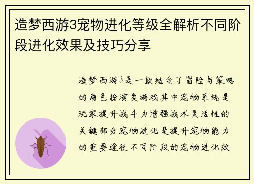 造梦西游3宠物进化等级全解析不同阶段进化效果及技巧分享